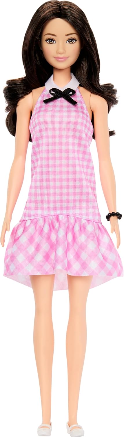 Barbie Fashionistas Doll #224 with Black Wavy Hair, Pink Gingham Dress & Accessories, 65th Anniversary Collectible Fashion Doll