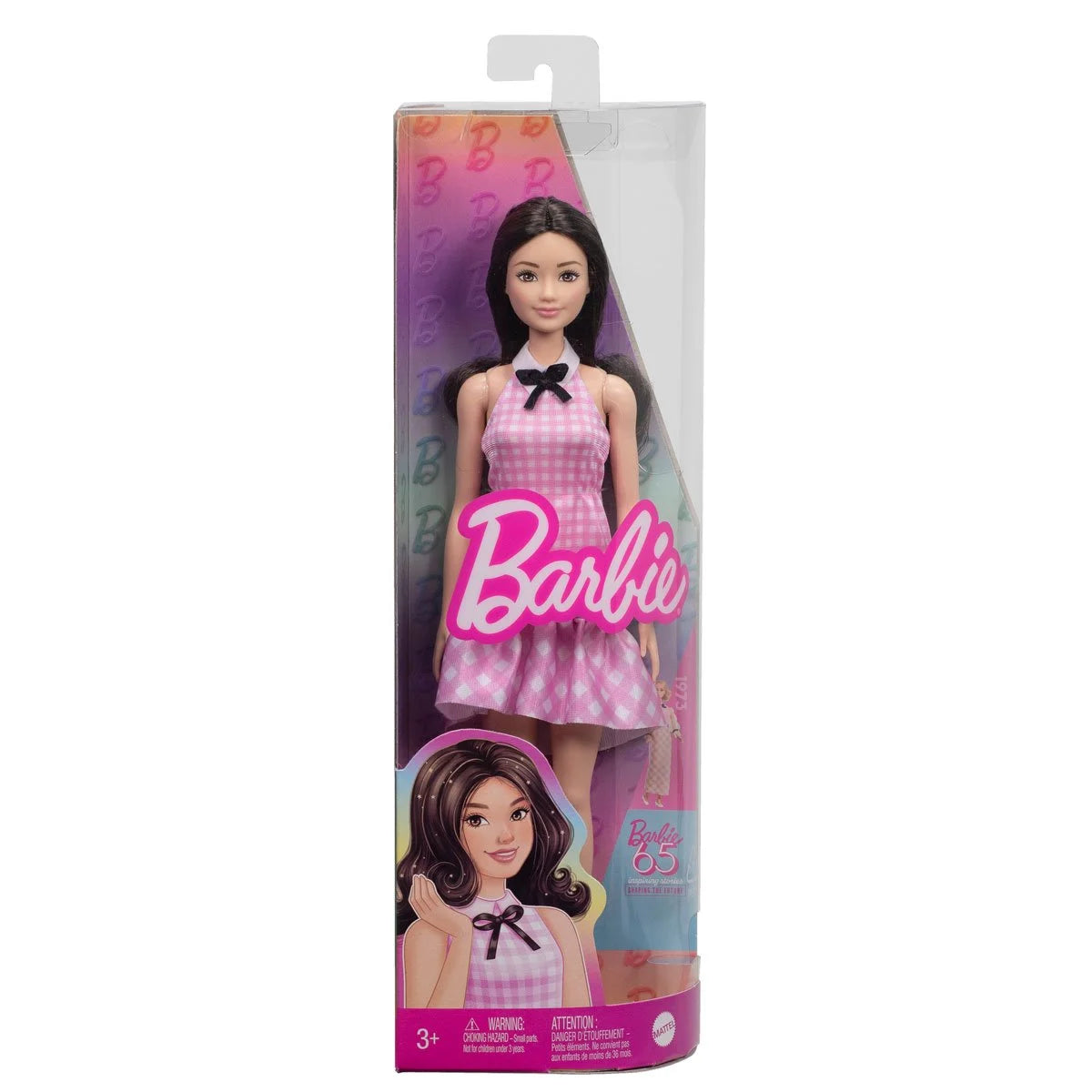Barbie Fashionistas Doll #224 with Black Wavy Hair, Pink Gingham Dress & Accessories, 65th Anniversary Collectible Fashion Doll